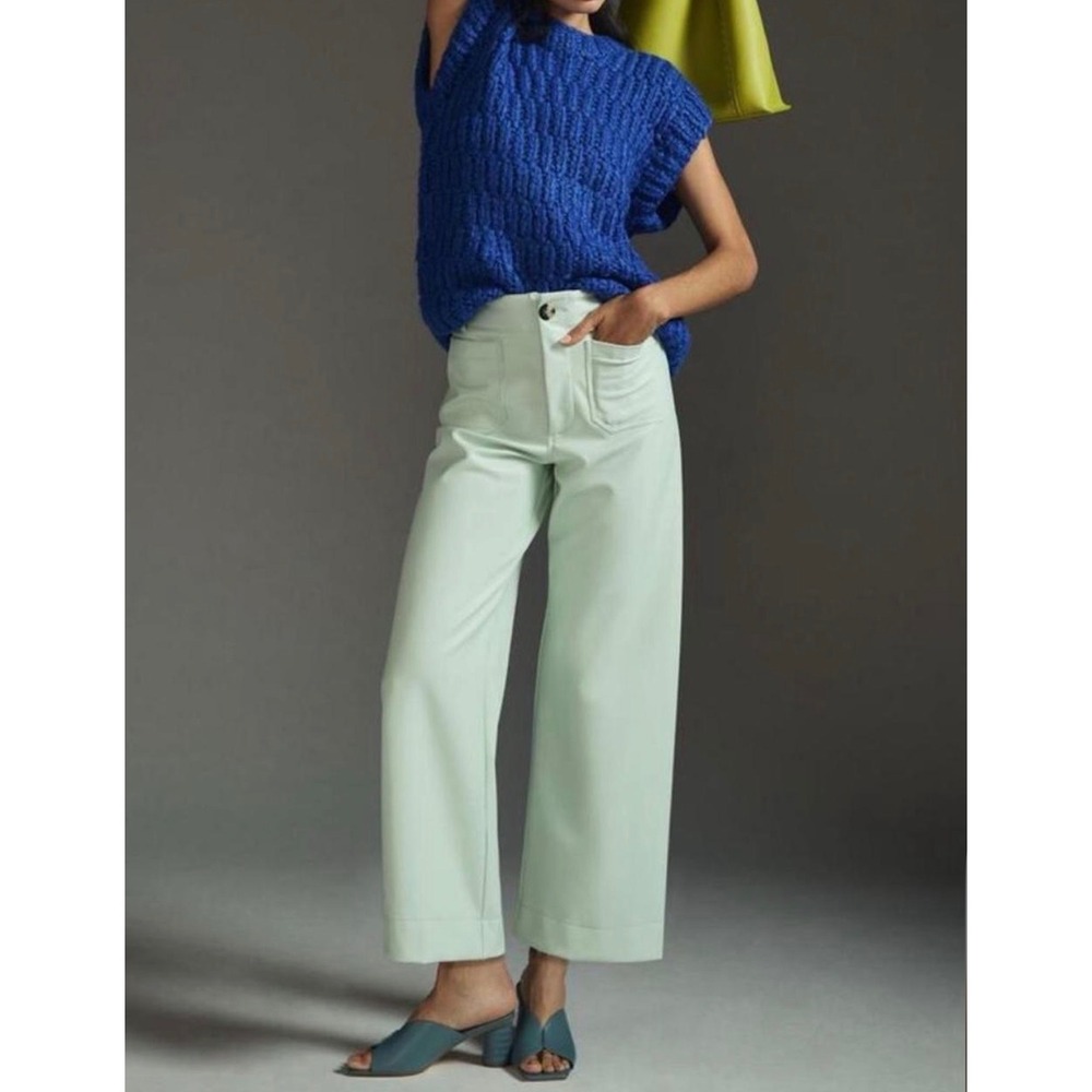 Anthropologie Maeve Colette Faux Leather Wide-Leg Pants Mint Green High Rise‎ 28